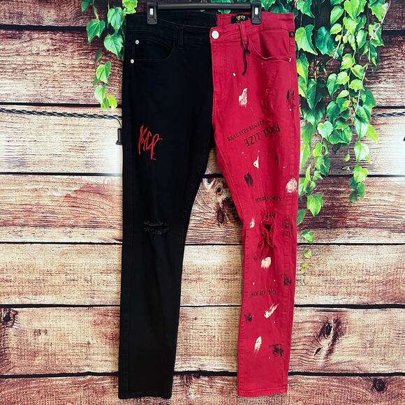 Kleep Jeans Mens 36x30 Chairo Skinny Straight Distressed Colorblock Red Black